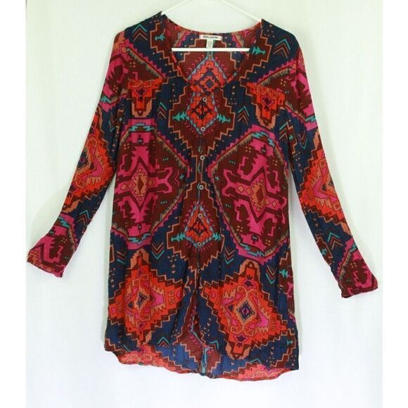 Billabong Tribal Aztec Tunic Top Button Front Long Sleeve Beachy Womens Small - Picture 1 of 8